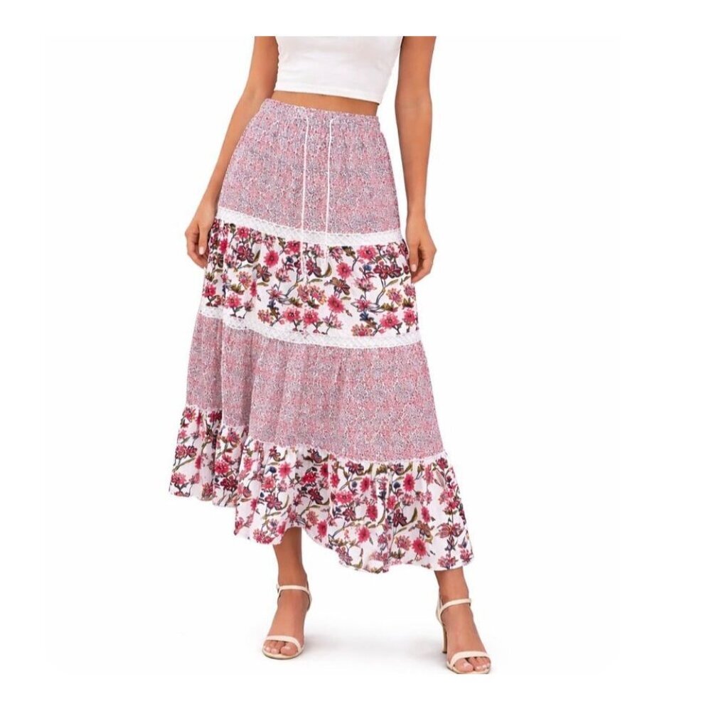 Solitaire Skirt Womens Long Boho Gypsie Lined Floral Ruffle Boho maxi skirt SZ M